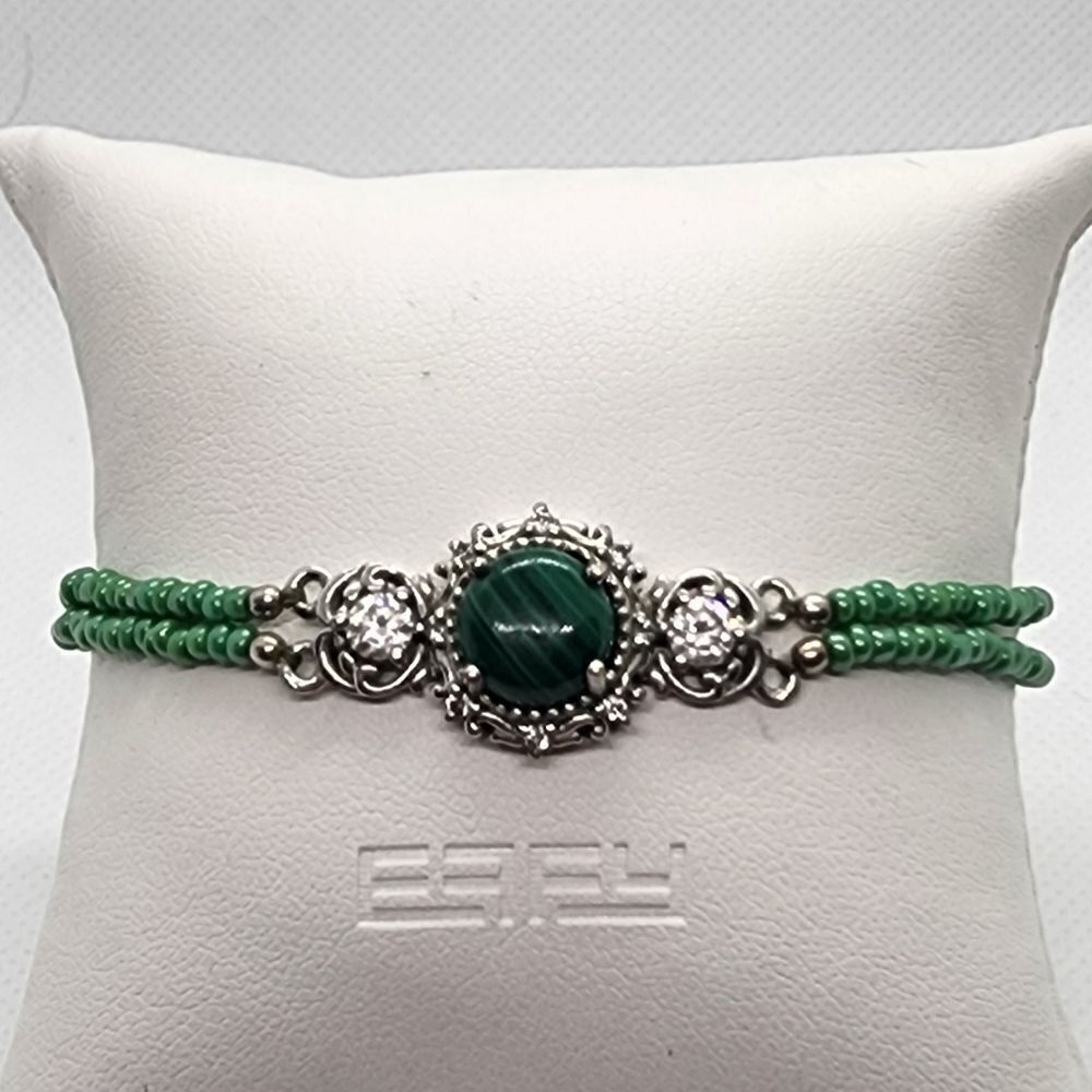 STS Karis Malachite, CZ, Silver, & Green Seed Bead Bracelet